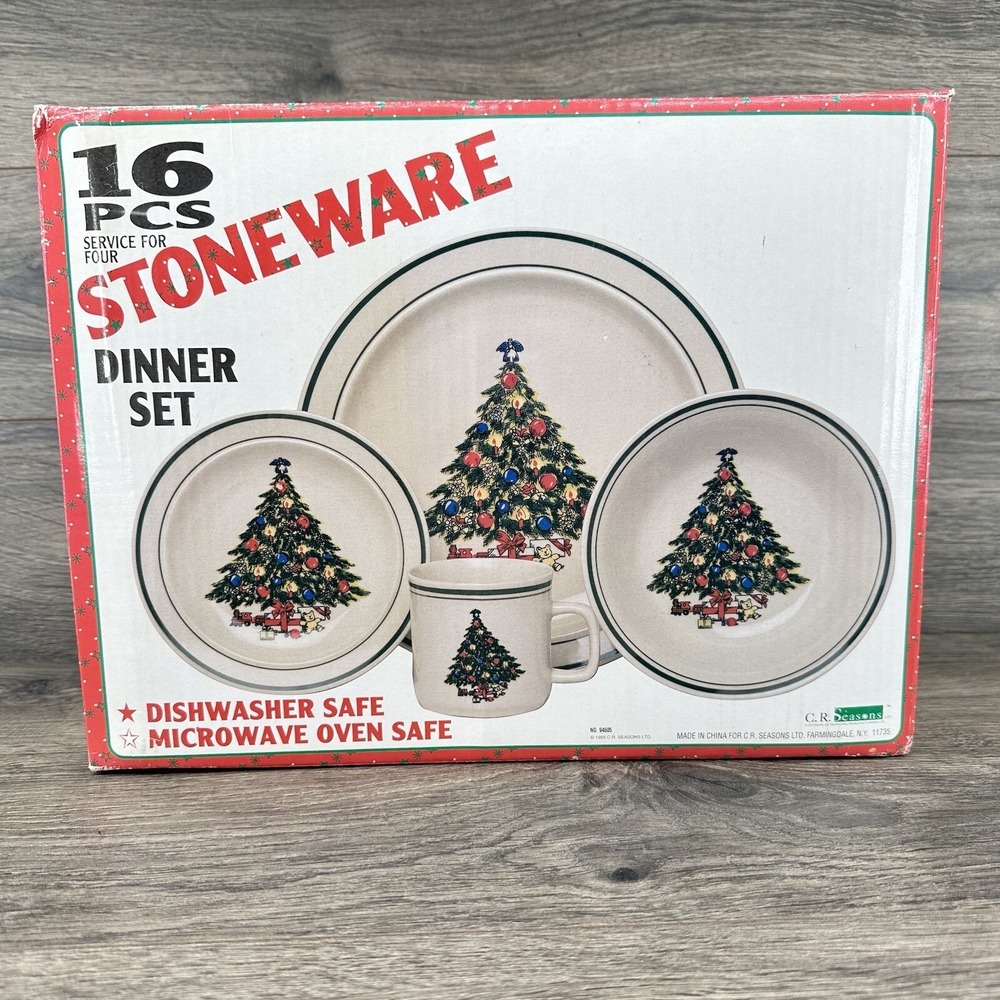 CR Seasons 16 Pcs Christmas Tree Stoneware Dinner Set Dishes Bowls Cups Platters